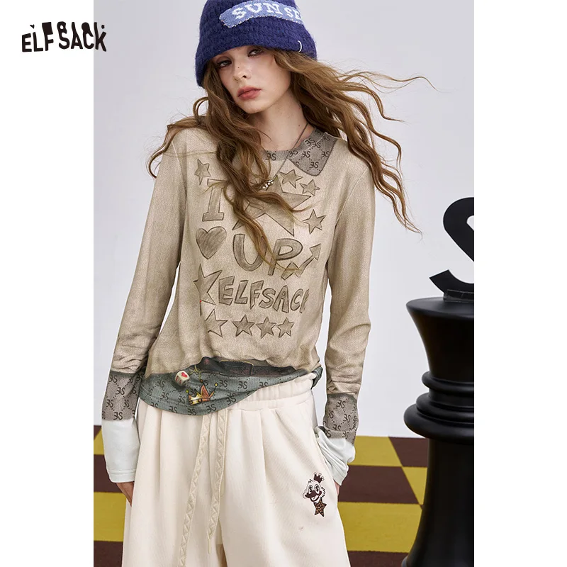 

ELFSACK 2025 Winter New Arrivals Casual Loose Graphic Long Sleeve T-shirt For Woman
