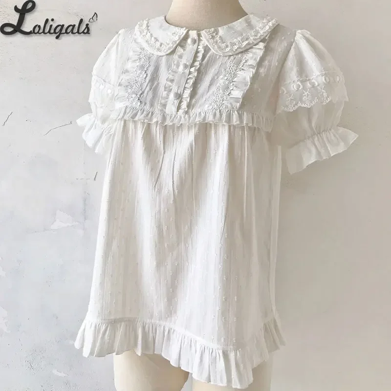 Weiße Damen-Lolita-Bluse mit Peter-Pan-Kragen und kurzen Ärmeln aus Baumwolle für den Sommer