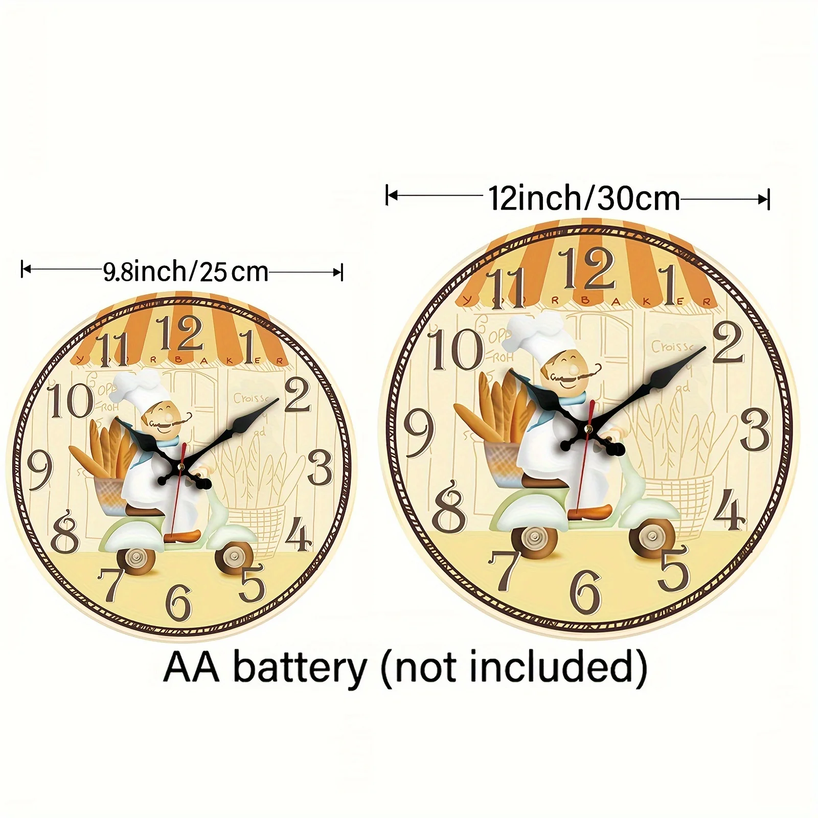 Vintage Chef Bread Pattern Wall Clock- Silent Quartz Movement, Round Wooden Rustic Style, Suitable Kitchen, Bedroom, Living Room, Office, and Bathroom Decoration- Requires AA Batteries(not Included)