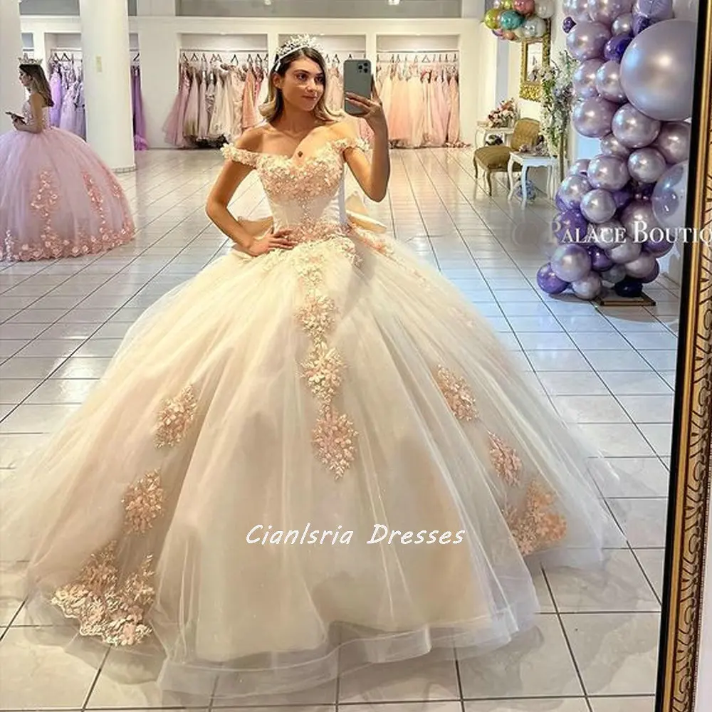 Champagne Handmade Blumen Quinceanera Kleider Ballkleid Weg Von Der Schulter Appliques Spitze Korsett Für Süße 15 Mädchen Party