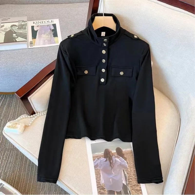 Women Clothing Korean Fashion Vintage Metal Buckle Slim Long Sleeve T-shirt Spring Autumn Y2K Stand Collar Solid Chic Basic Tops