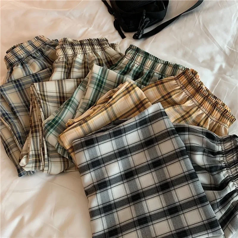 Girls Loose Casual Female Trousers Wide Leg Pant Streetwear For Vintage Plaid Women Pants High Waist Wide Leg Straight Pant