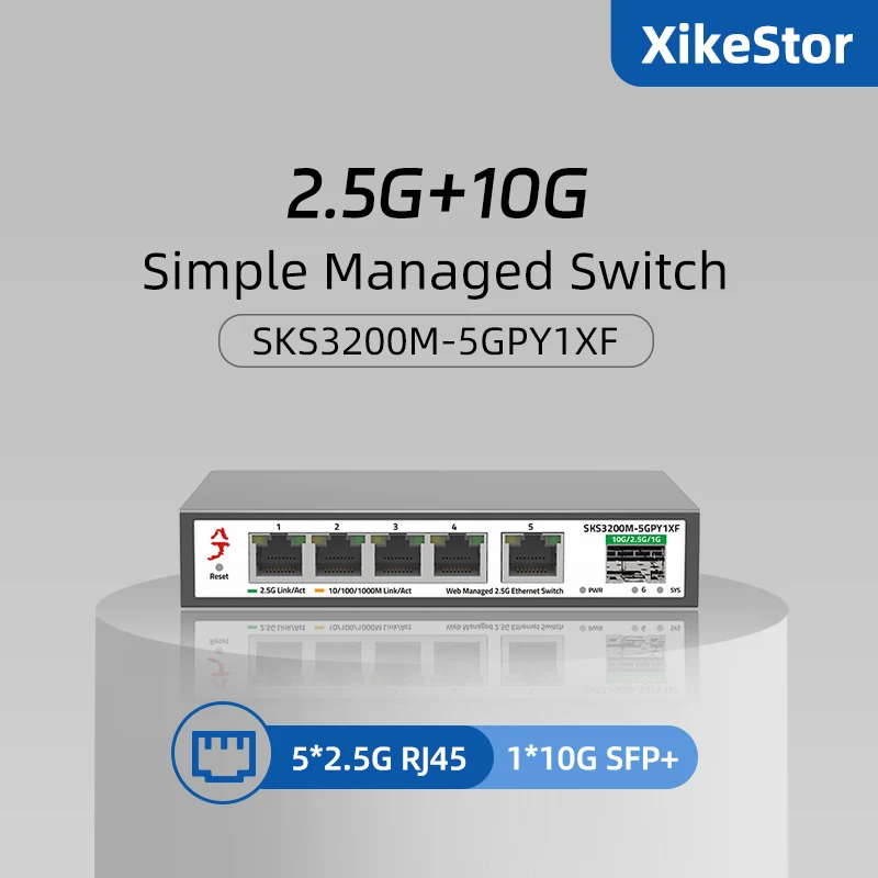 XikeStor 6 Ports 2.5G Simple Managed Ethernet Switch 5*2.5G RJ45 1*10G SFP+ Support VLAN Division/Port Aggregation