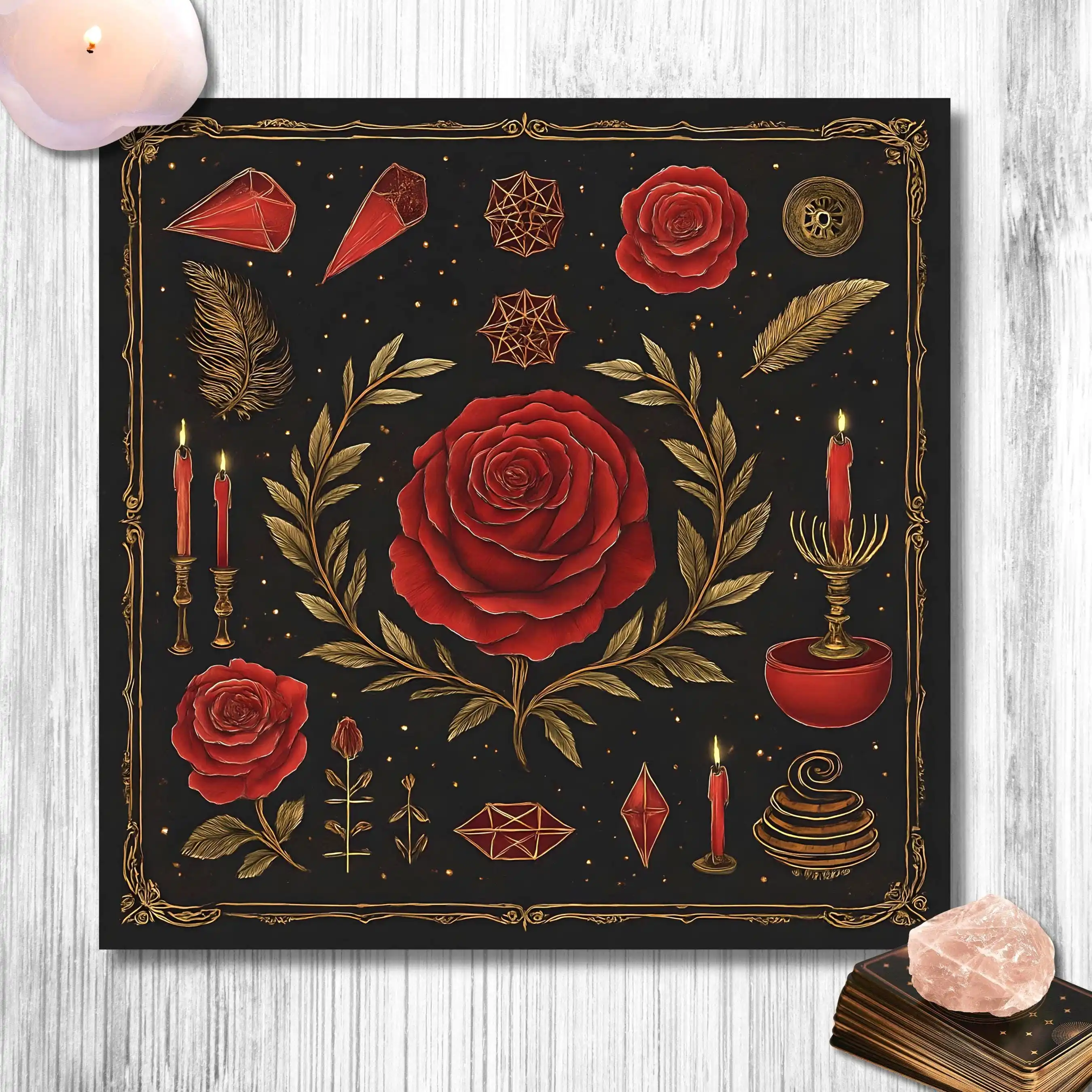Nappe de Tarot Gothique VIKAMA Rose Rouge Cristalline, Tissu d'Altar Mystérieux et Sombre, Tissu de Divination Rituale Résistant à l'Usure