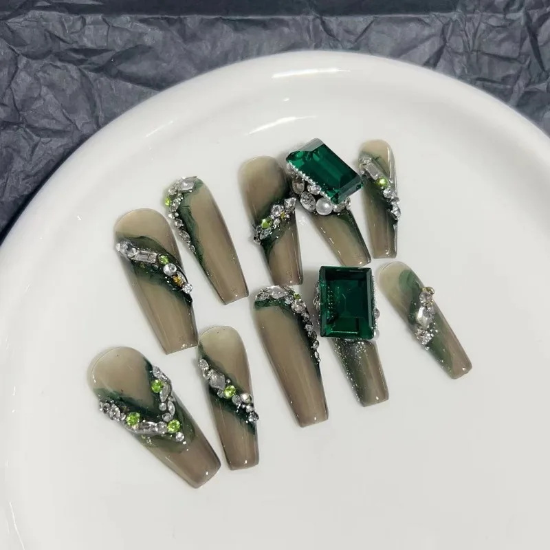 Uñas postizas de cobertura completa, parche hecho a mano, extraíble, verde oscuro, explosión de diamante cuadrado, 10 unidades por juego