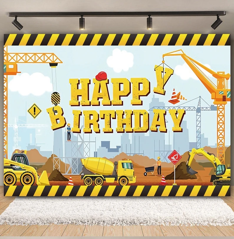 خلفية عيد ميلاد لفريق البناء للتصوير الفوتوغرافي للأولاد وحفلات استقبال المولود الجديد ورافعة شاحنة المرور وحفارة خلفية استوديو الصور #5