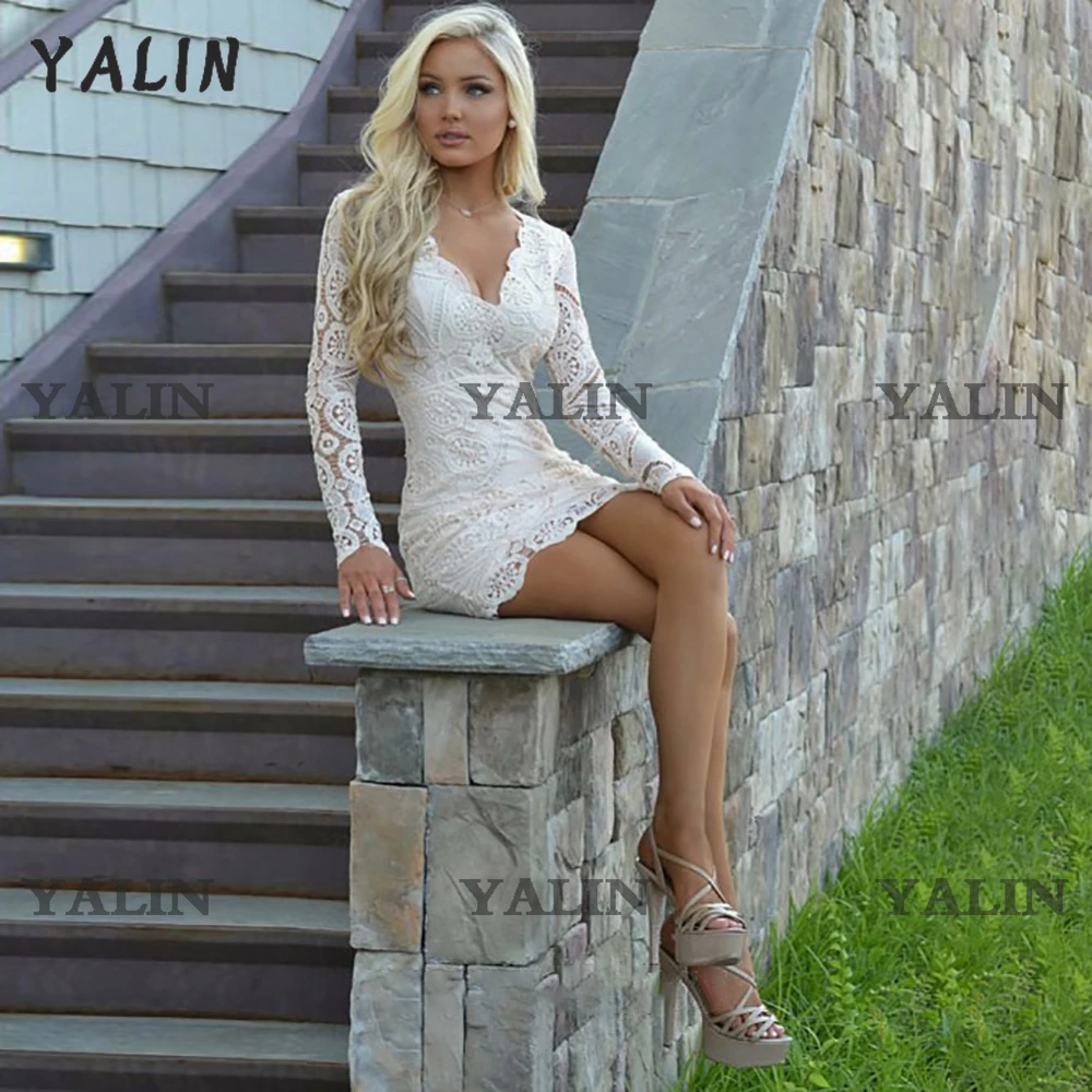 YALIN Spitze Lange Ärmel Kurze Prom Party Kleid Mini Geburtstag Hochzeit Formal Besondere Anlässe Kleider Vestidos De Fiesta