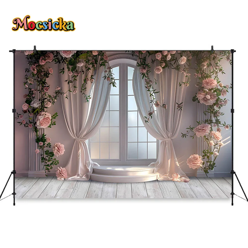 Romantic Pink Wedding Photography Background Flower Wall Curtain Window Backdrop Photobooth Girl Birthday Portrait Photo Studio