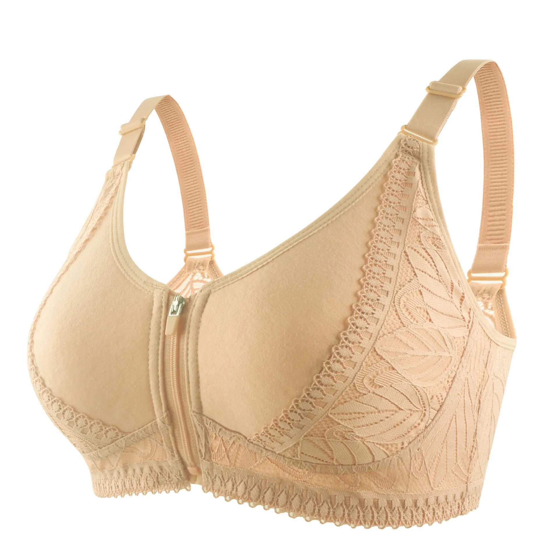 Sujetador de algodón suave con cremallera frontal para mujer, ropa interior de mediana edad y ancianos, encaje con aros, hermosa espalda ajustable,