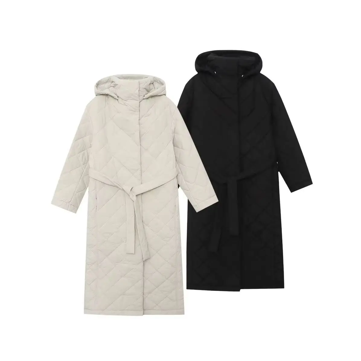 KONDALA Chic 2025 Winter Casual Women Solid Beige Long Coats Single Breasted Jackets Hooded Loose Sashes Fashion Female Outwears