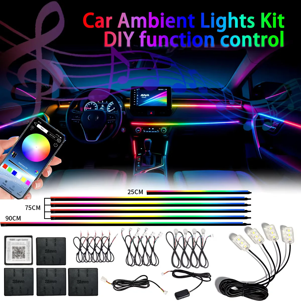 18 in 1 Led Car Ambient Lights 213 64 Color RGB Symphony Streamer Bluetooth Rainbow Interior Acrylic Strips Atmosphere Lamp Kit