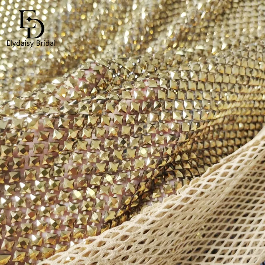 1 Yard 6x6mm Gold Square Drill Hollowed Out Fishnet Fabric Rhinestone Metallic for Bridal Party Fashion Dresses Lace W120CM