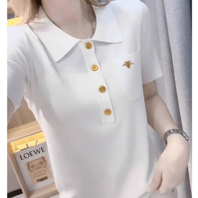 Women's Clothing Young Style T-shirt Summer Embroidery Knit Short Sleeve Button Tee Lady Basic Versatile Turn-down Collar Top