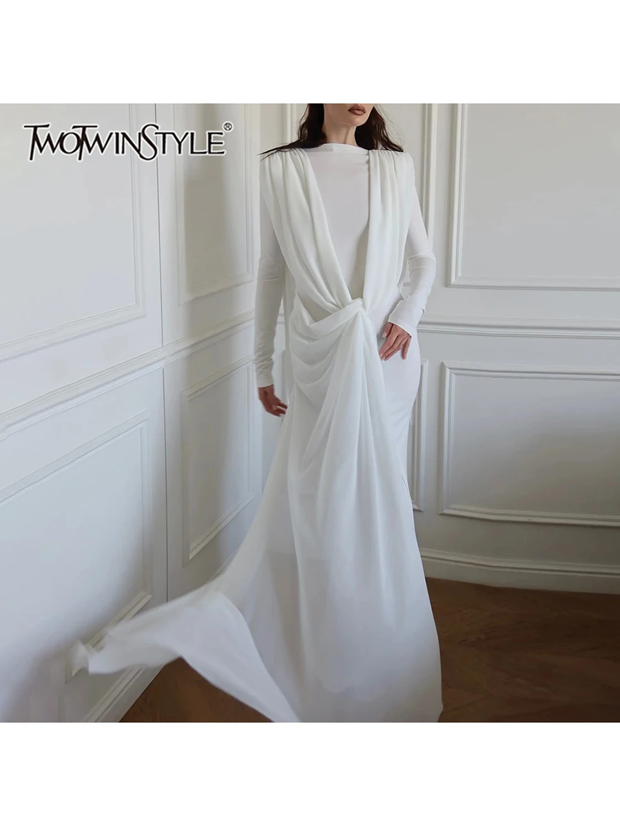 TWOTWINSTYLE التخسيس تقسم الشريط فساتين الموضة للنساء الجولة الرقبة طويلة الأكمام المرقعة طيات فستان أنيق الإناث جديد