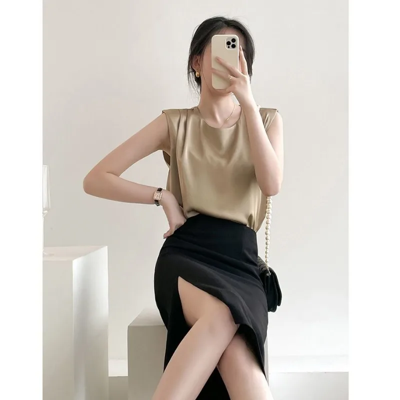 QWEEK Elegant Satin Sleeveless Blouses Woman Office Ladies Vintage Shirts Female Summer Old Money Style Casual Chic Aesthetic