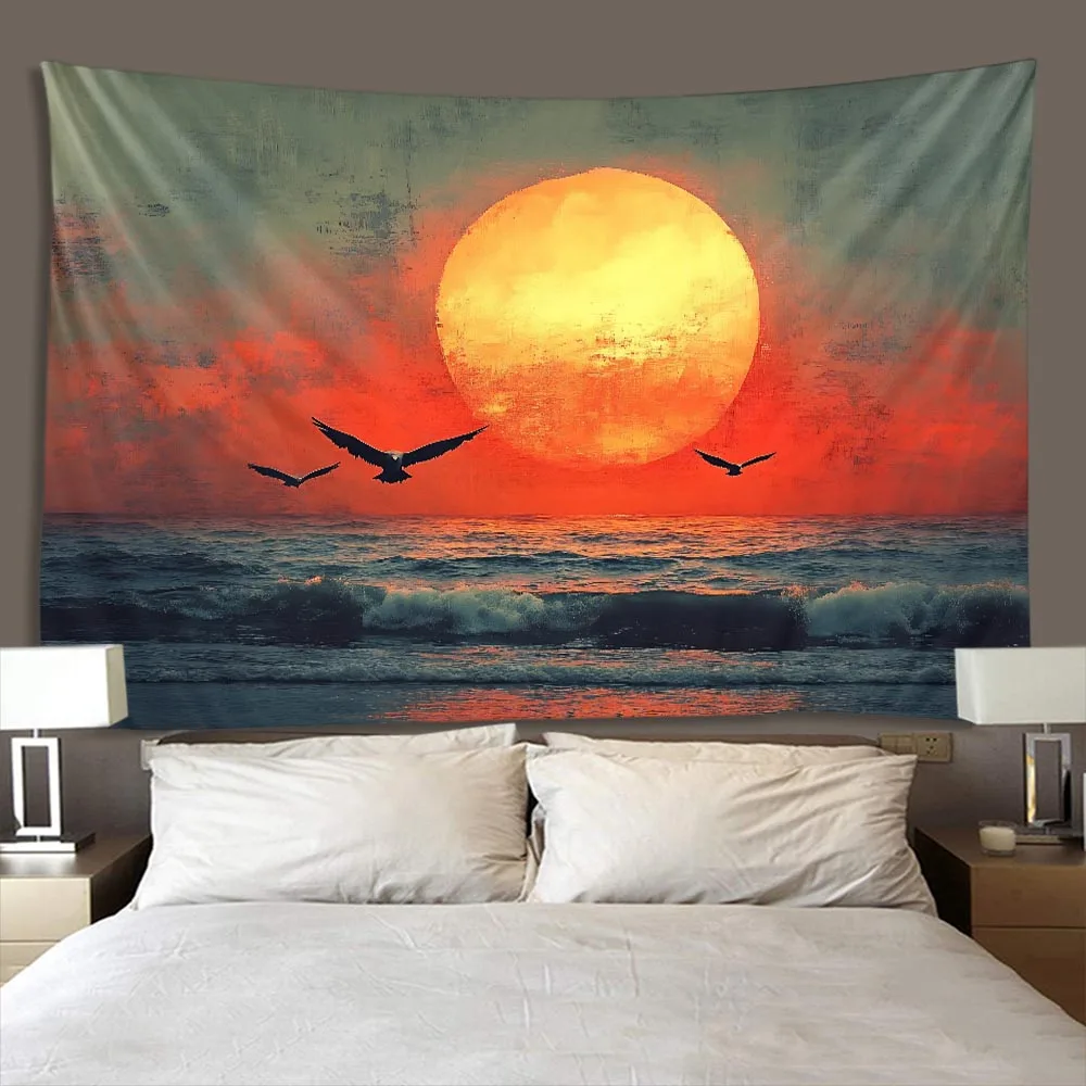 Moon Landscape Tapestry on the Sea Night Sky Background Bohemian Aesthetics Bedroom Living Room Wall Hanging Cloth