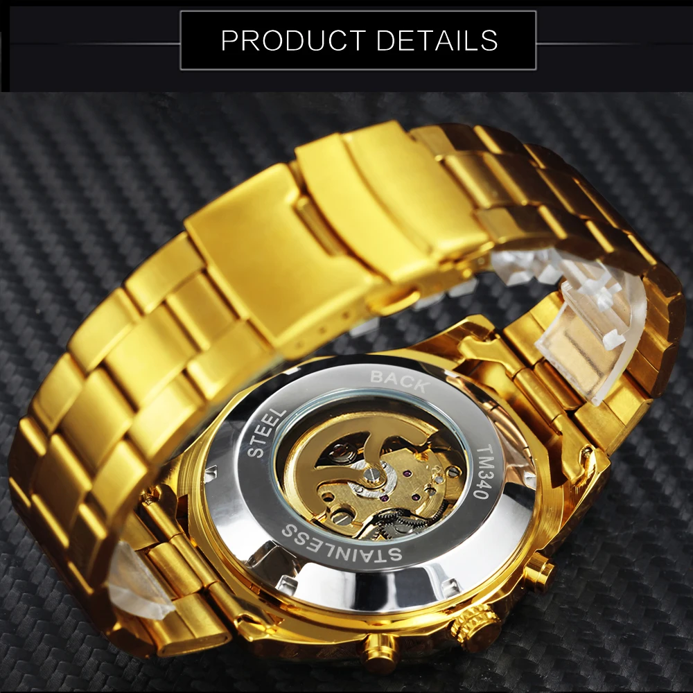 WINNER Military Gold Automatic Watch for Men Luxury Brand Iced Out Skeleton Mechanical Watches Luminous Hands Stainless Steel