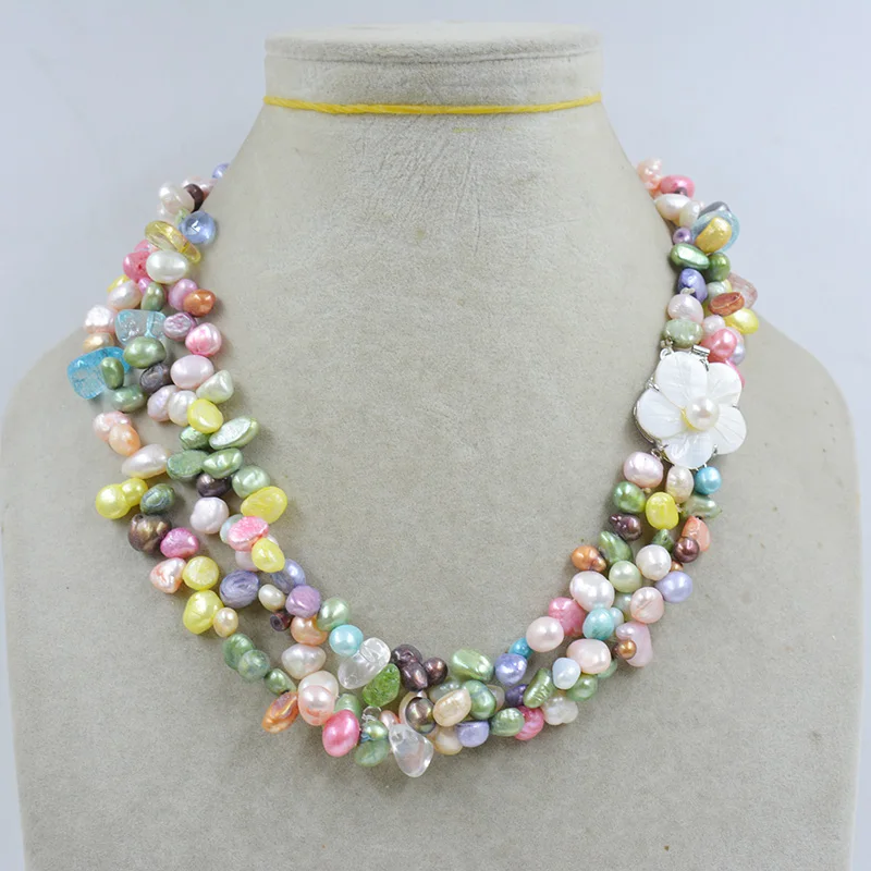 3 strands of 7MM mixed color natural baroque pearl necklace. Women's party. Birthday. Gift Classic Jewelry  19”