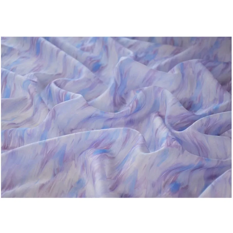 Digital Print Sky Silk Fabric for Shirt Dress, Cheongsam Han Cloth, Abstract Blue and Purple Smudge, High Quality, T2029