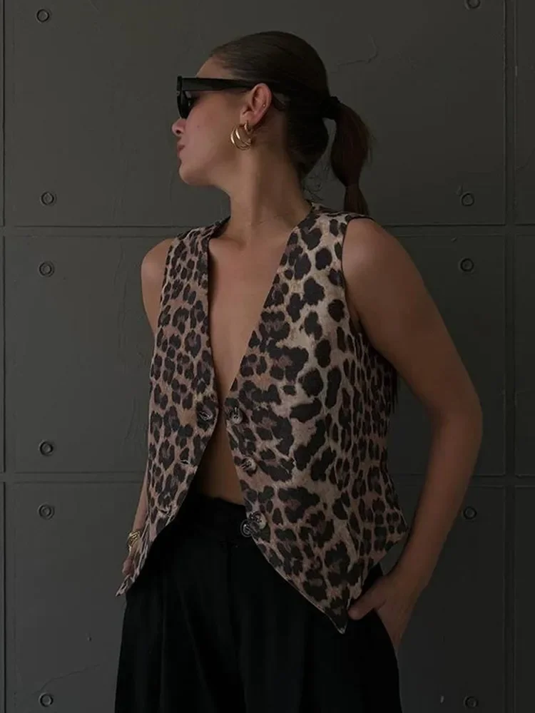 Sexy Leopard Print V Neck Sleeveless Vest Women Fashion Vintage Single Breasted Waistcoat Autumn Female Commuting Streetwear