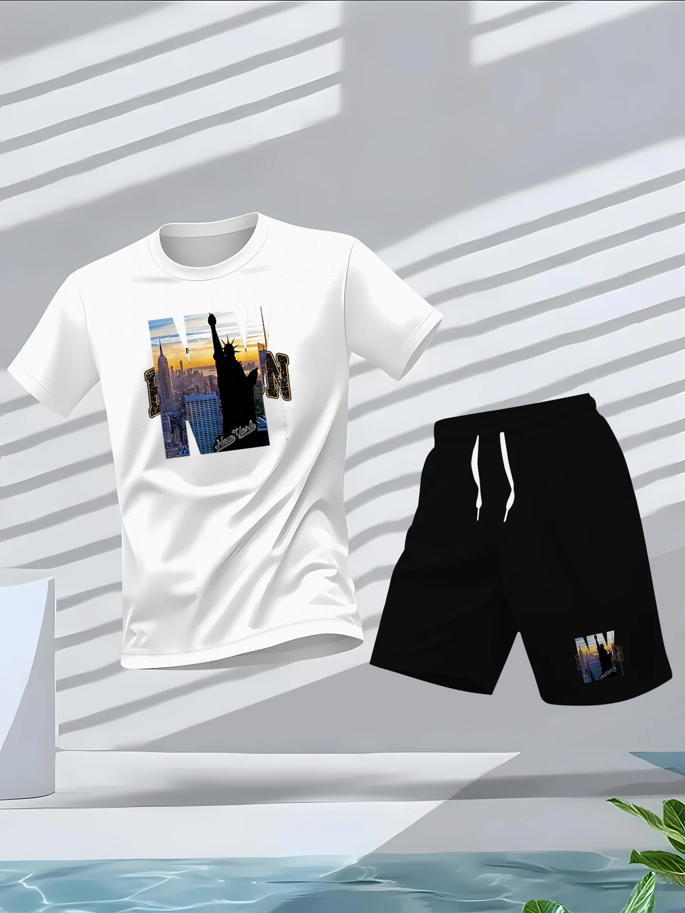 Sommer neues lässiges zweiteiliges Rundhals-Kurzarm-T-Shirt für Herren und Shorts mit Kordelzug, gestrickte Outdoor-Sportbekleidung