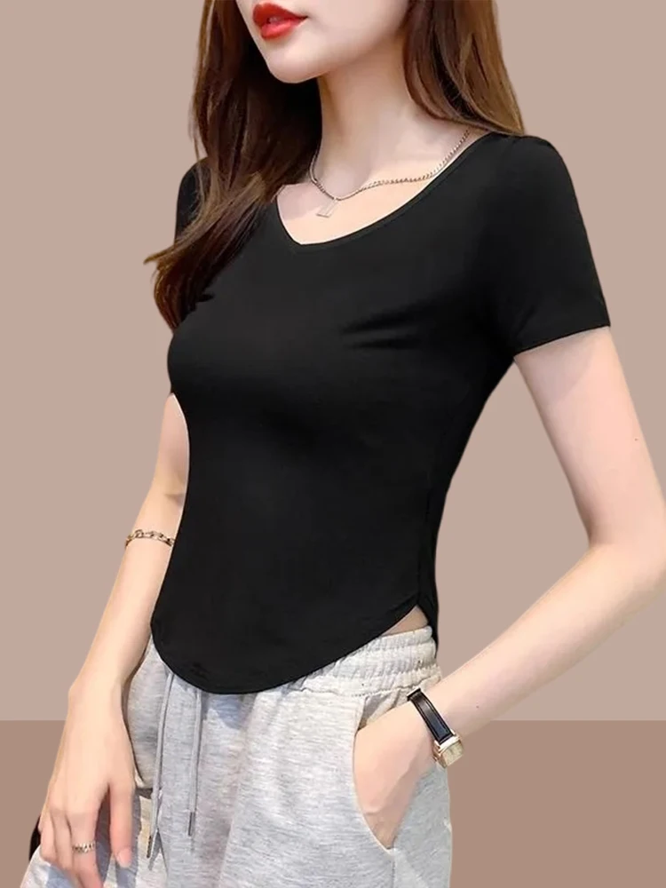 Black Pure Cotton Short Sleeve T-Shirt Women's V-Neck Slim Fit Short Style Arc Bottom Irregular Top for Summer Slimming Effect