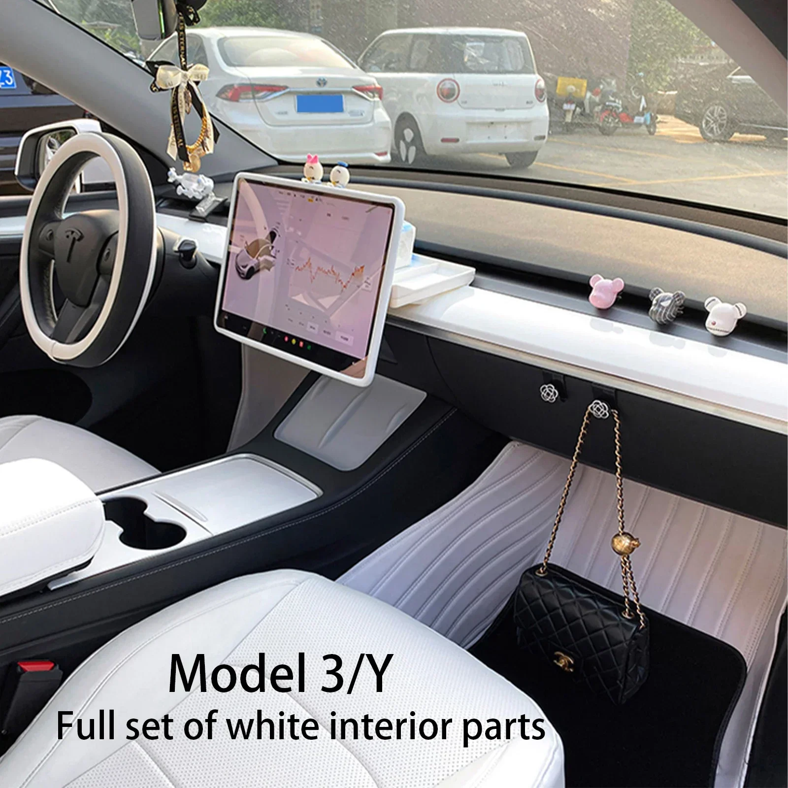 For Tesla Model 3 Y White Interior Center Console  Storage Box Steering Wheel Cover Screen Protection Decorative Footrest Seat