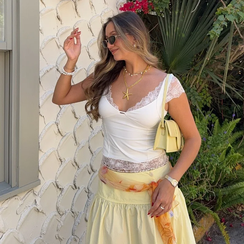 Street Sle Spitze Patchwork Farbe Crop Top Bauchnabel Baring ort Sve Sommerpullover für junge Frauen 8–24 Jahre alt