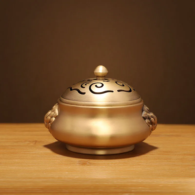 Chinese-style Double-eared Lion Brass Incense Burner Zen-inspired Hollow Incense Holder Desktop Decor Ornament