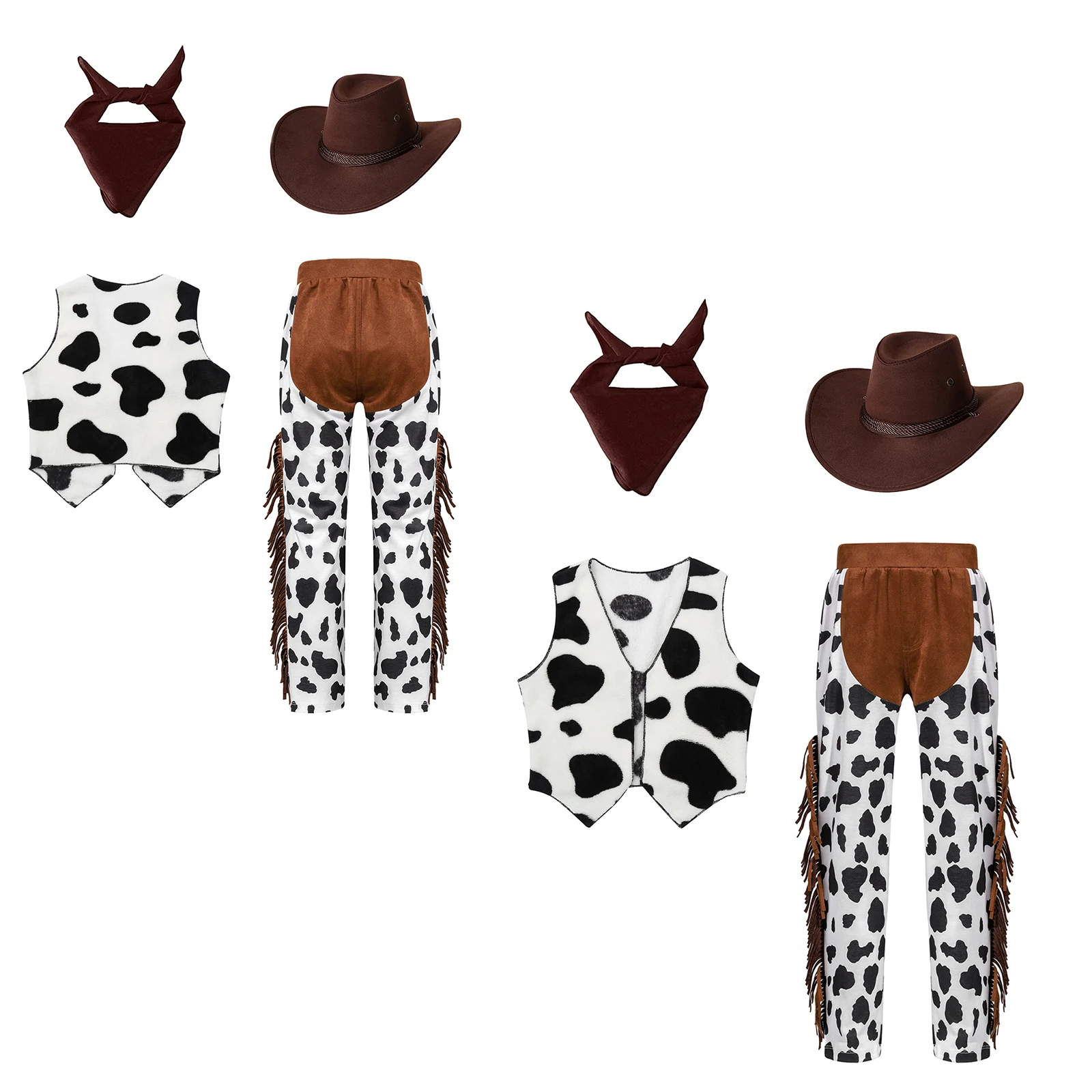 Kostum koboi Barat anak-anak pakaian koboi anak perempuan anak laki-laki celana pendek dengan rompi dan topi bandana koboi perempuan berdandan pesta Halloween