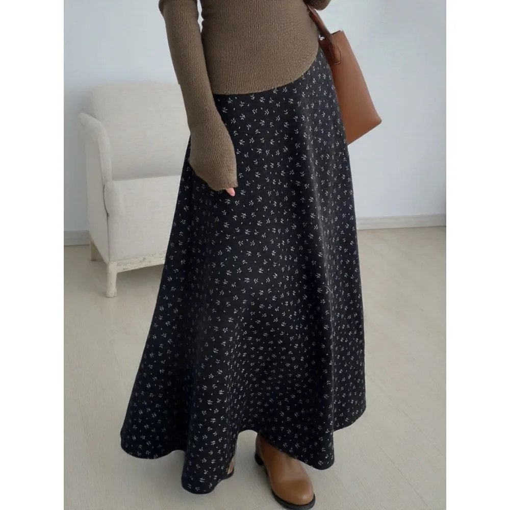 2026 Autumn Winter New Korean Thick Floral Woolen Skirt Female High Waist A-Line Maxi Long Vintage Harajuku Skirt Casual