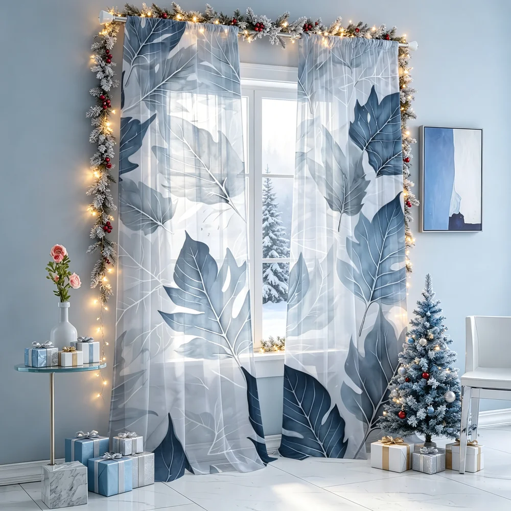 2PCS Sheer Curtains, Watercolor Deep Blue Leaves Print, Bedroom Living Room Window Drapes, Rod Pocket Polyester, Home Decor