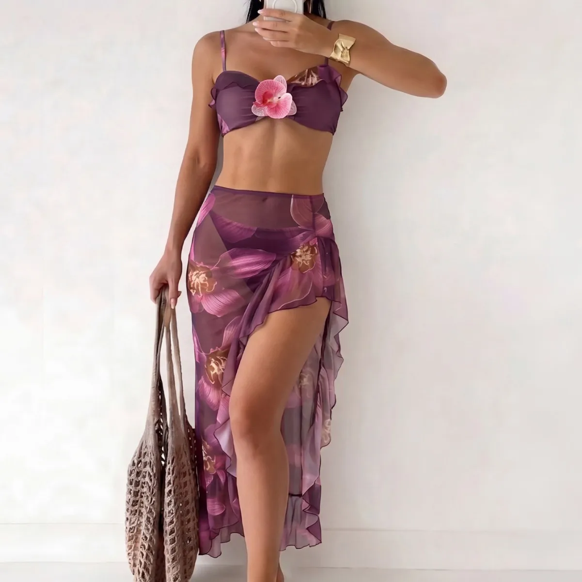 2026 3 Pcs Purple Floral Bikini Swimsuit Women 3D Flower Bathing Suit Ruffle Long Mesh Sarong Cover‑Up Brazilian Beach Swimwear