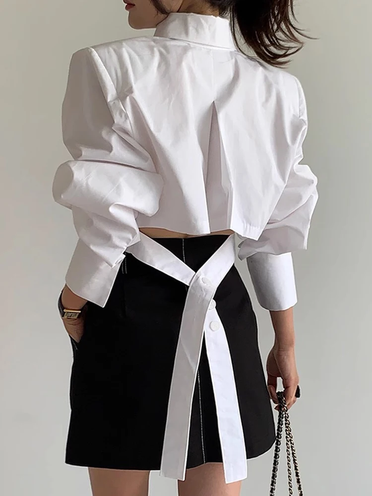 

Clothland Women Elegant White Black Short Style Blouse Back Tie Long Sleeve Crop Top Basic Fashion Tops Blusa Mujer LB122
