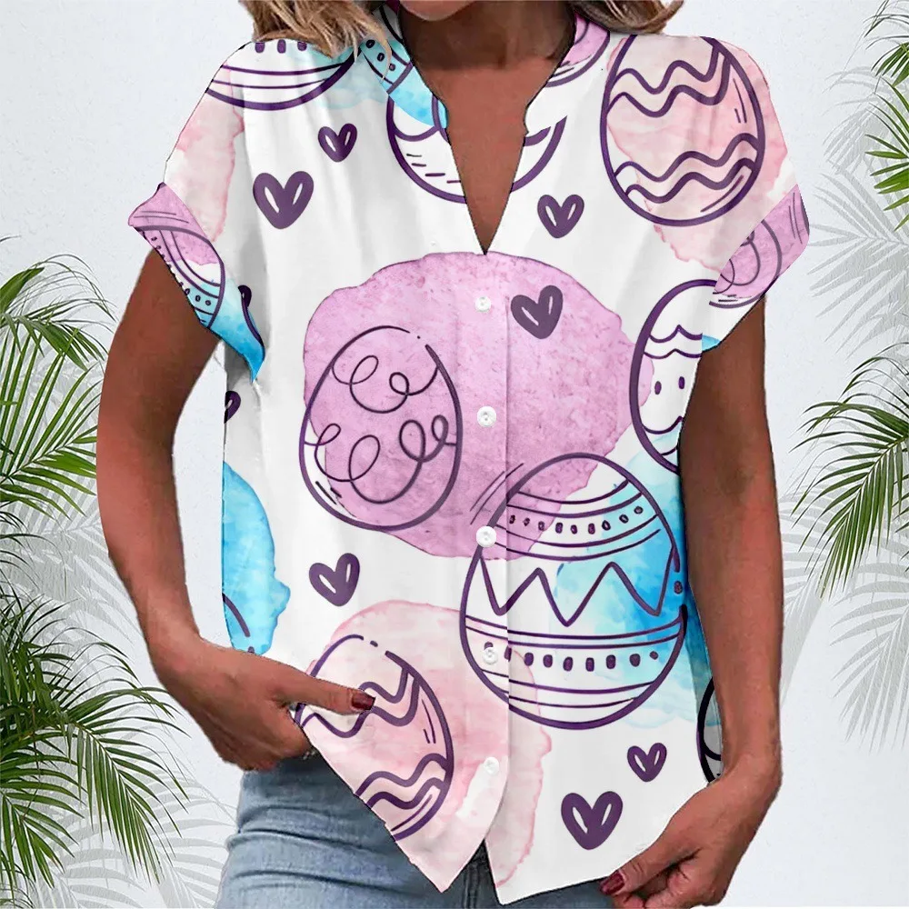 Summer T-shirt Women Casual Short Sleeve Easter Egg Print Loose Shirts Vintage Harajuku Oversized V-Neck Tops Elegant Blusas