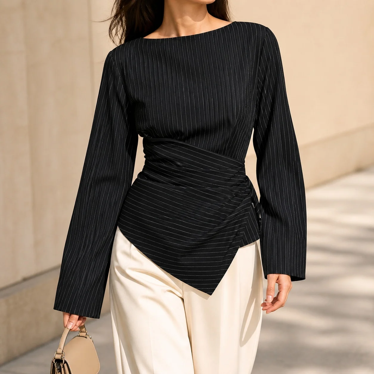 Women's Fitted Striped Round Neck Cropped Blouse Asymmetrical Drawstring Pullover Top for Women Woman Clothes Women's Shirt