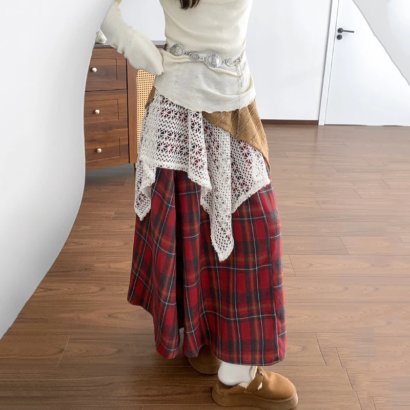 Design irregular rendas retalhos xadrez saias femininas 2025 moda cintura alta plissado saia longa mulher chique guarda-chuva saia feminina