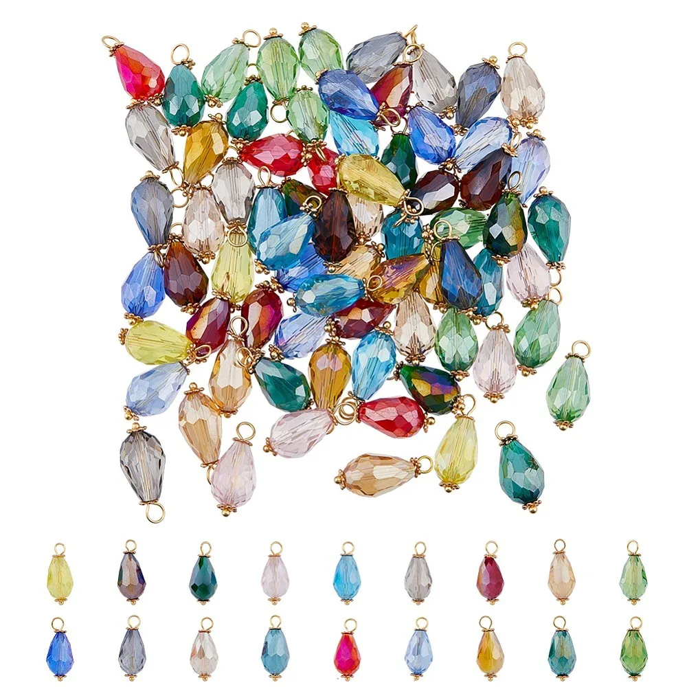 

1 комплект, 90 шт., 18 цветов, подвески из гальванического стекла, граненая капля с цветами, петли из нержавеющей стали 304, разные цвета