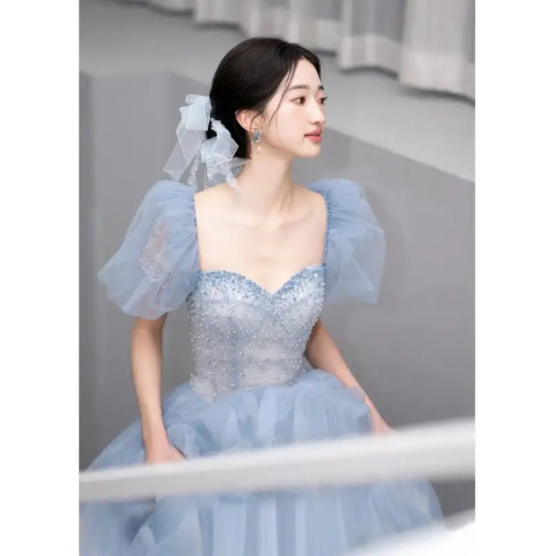 Grey Starry Sky Bubble Sleeve Nail Bead Birthday Banquet Annual Meeting Host Performance Adult Puff Skirt Dress Customized