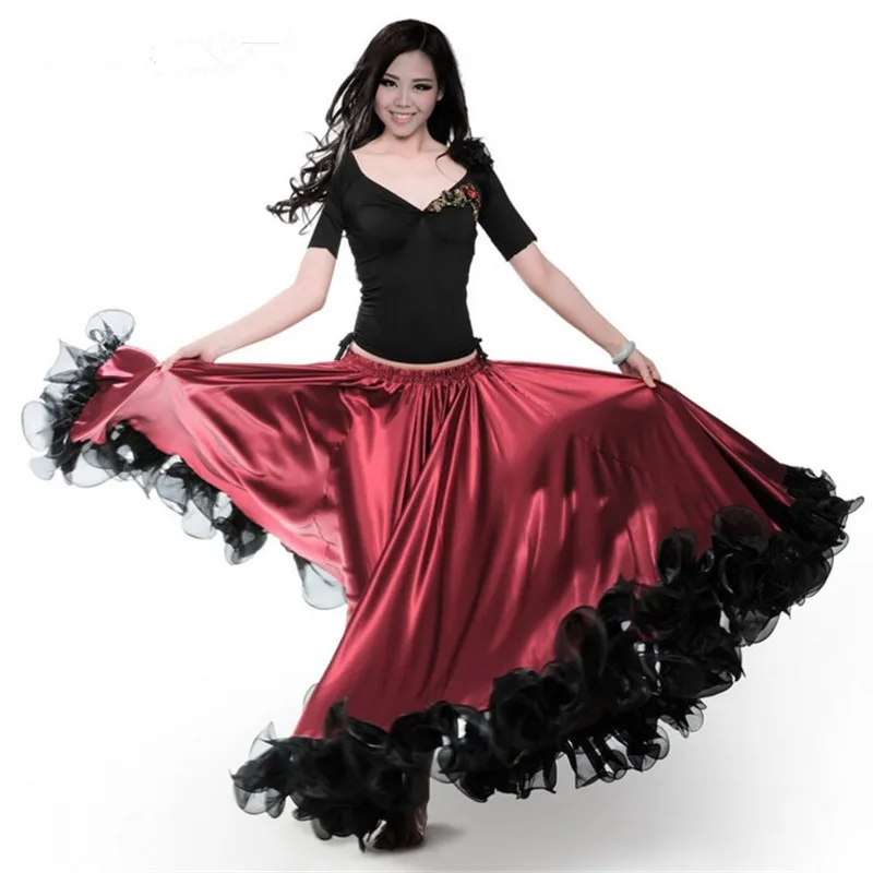 สีแดงสี Flamenco Dance กระโปรงเหรียญทองสเปนเต้นรําเครื่องแต่งกายผู้หญิง vestido Flamenco 180-720 องศา PLUS ขนาด