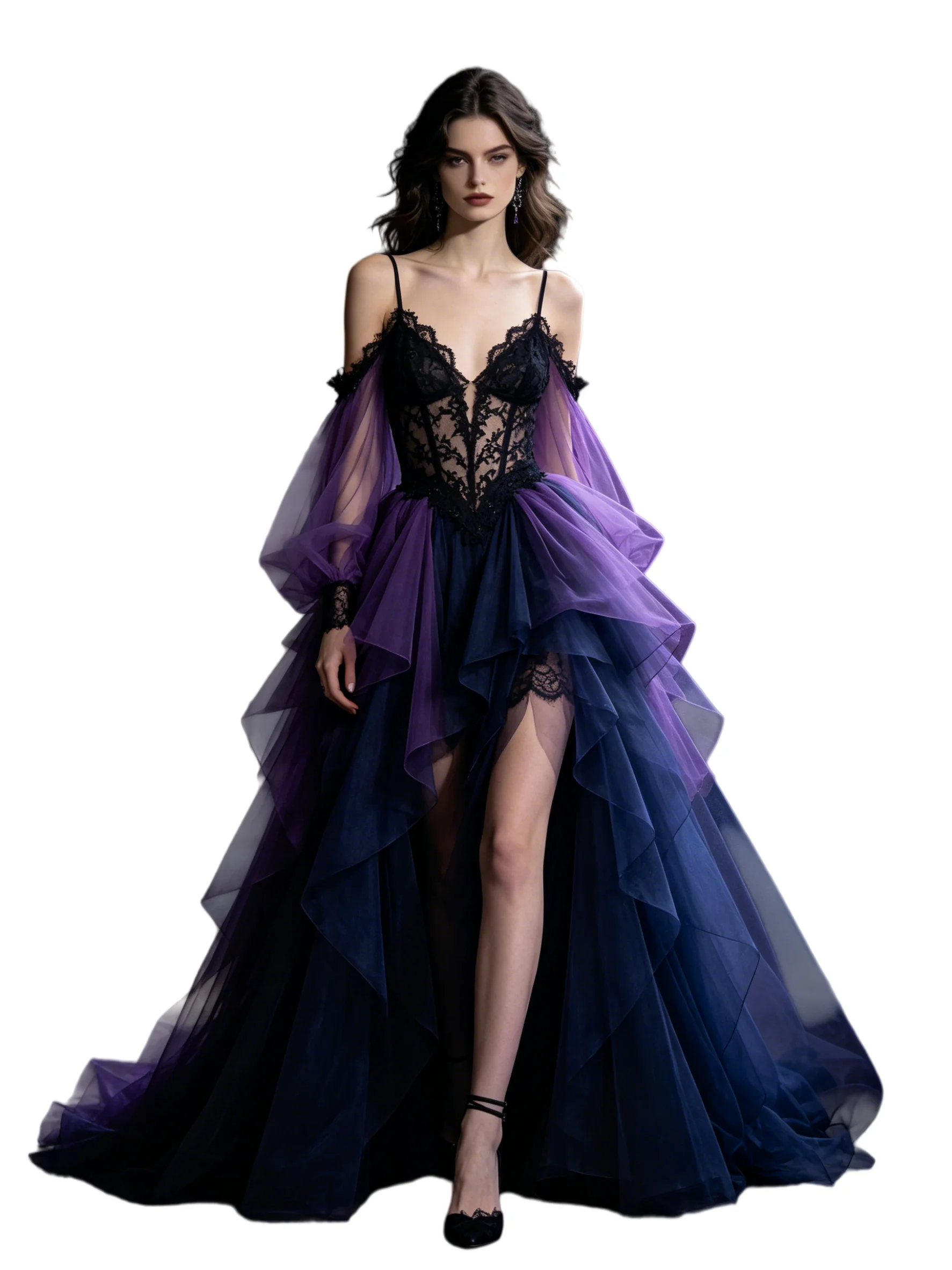 Gothic Midnight Purple Blue Black Lace Tulle Wedding Dress Off Shoulder High Slit Bridal Gown Customized