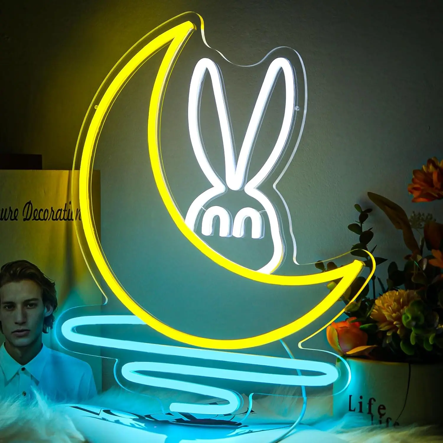

Moon and Rabbit Neon Lights USB Powered LED Cute Neon Sign Dimmable for Bedrooms Party Club Wedding Decor Gift for Children