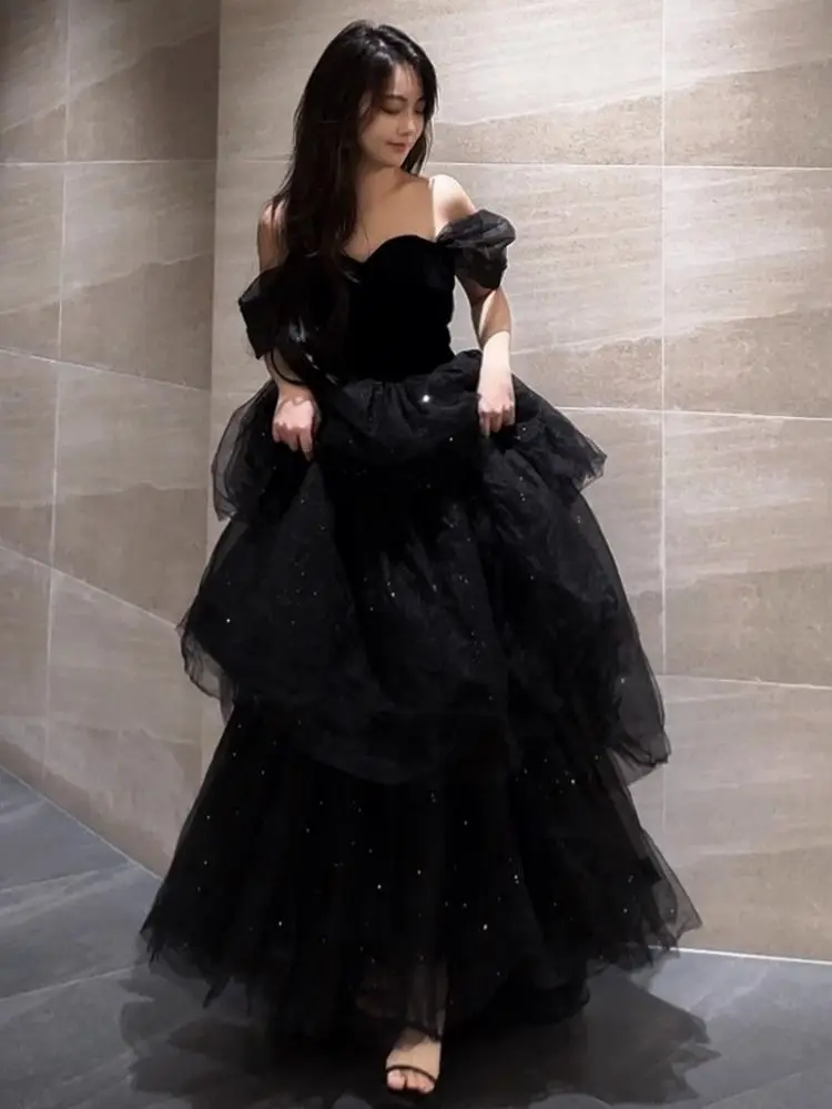 Black Evening Dress 2023 New Luxury Style Dress Banquet Host Dress Suit Small Black Dress Dark Dress Black Gauze Party Dress