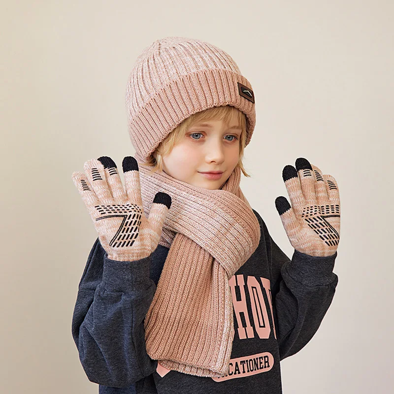 Winter Hat Scarf Gloves Sets for Children Thicken Knitted Hats Girls Plus Velvet Kids Scarves Beanie Boys Warm Accessories 4-10Y