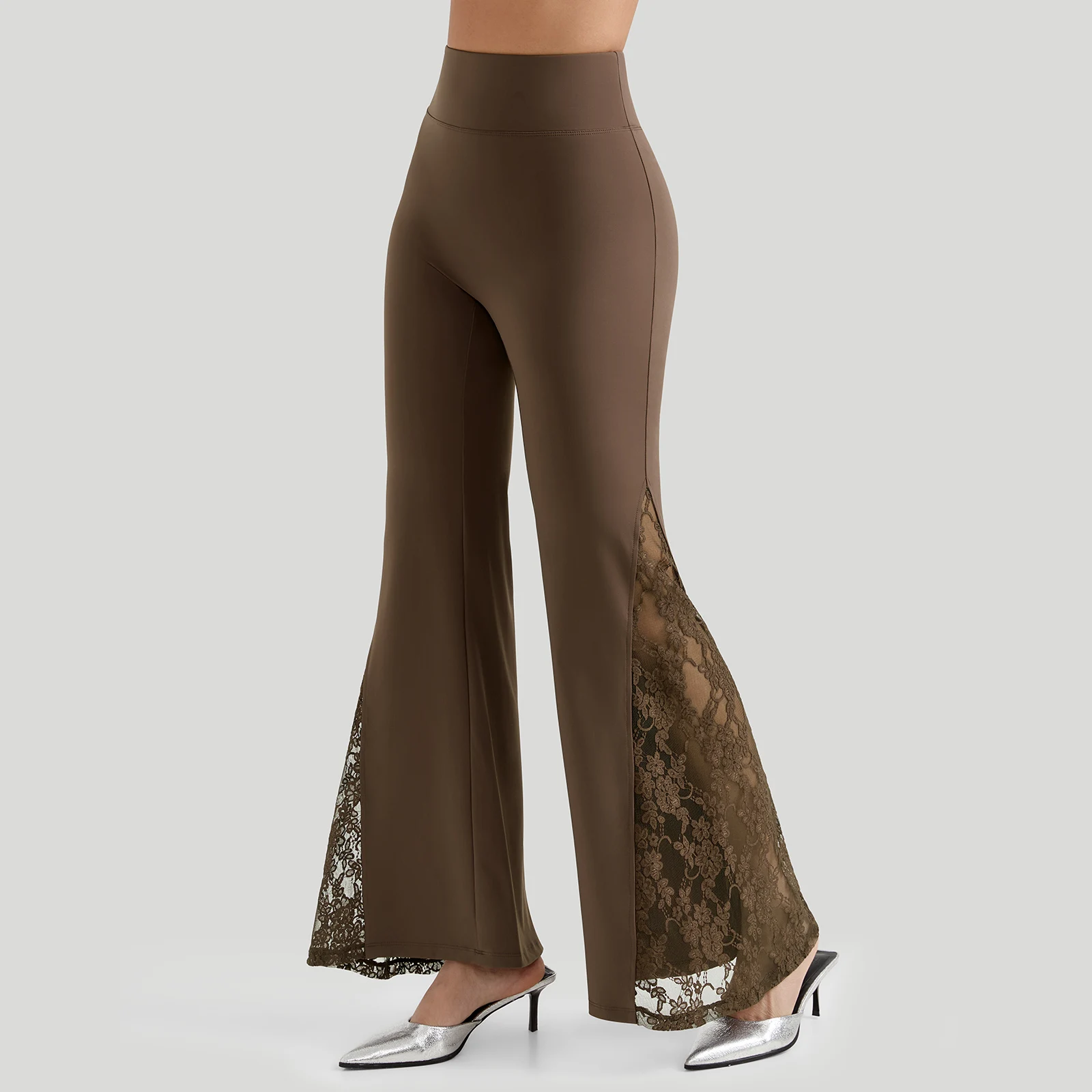Women Punk Sexy See Through Lace Patchwork Flare Pants Streetwear High Waist Wid Leg Vintage Trousers Y2k Pants Female
