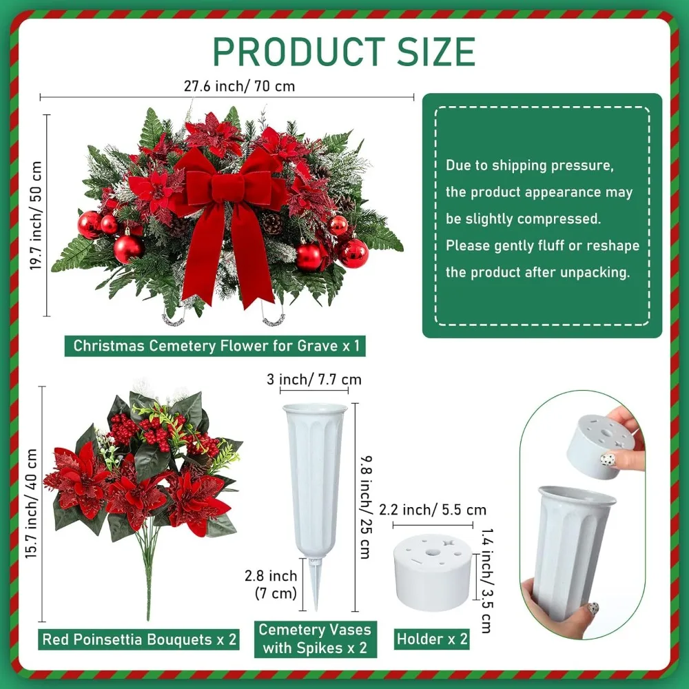 Flores artificiales de cementerio, sillín de flores de Navidad esmeriladas de nieve con cinta, ramos conmemorativos de Poinsettia roja