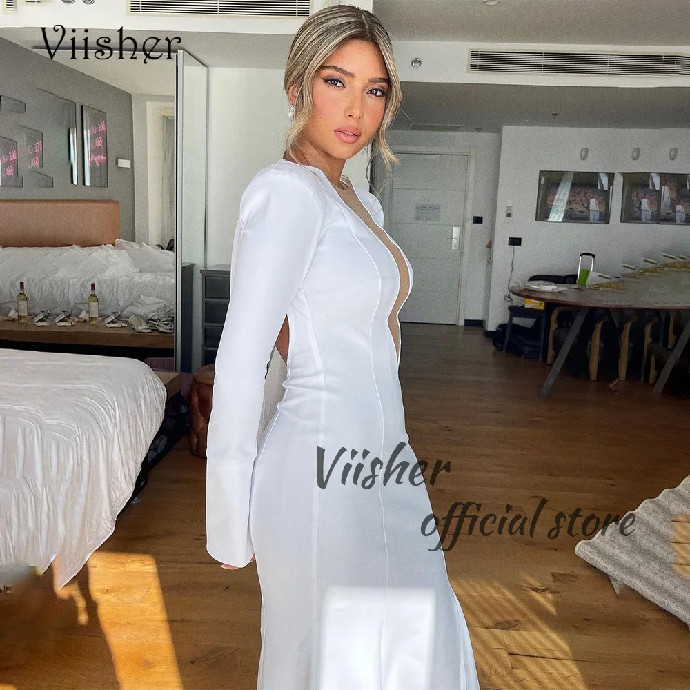 

Viisher White Mermaid Wedding Dresses Long Sleeve V Neck Mono Satin Bodycon Bride Dress with Train Beach Wedding Gowns