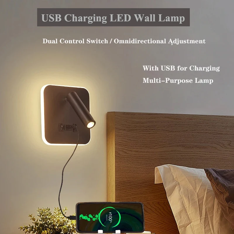 Dual-Function Decorative Wall Sconce Lamp with 2.1A USB Charging and Adjustable Spotlight Modern Led Wall Lights Switch for Home