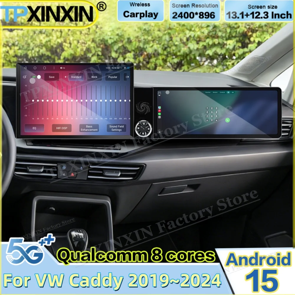 For VW Caddy 2019~2024 Android Auto Dual Screen interaction Car Radio Stereo Receiver Multimedia Player Navigation IPS Head Unit