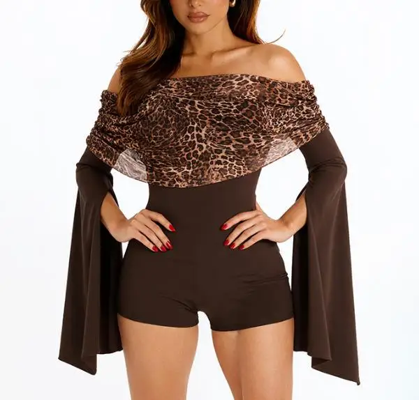 

Jumpsuit Women 2026 New Spring Autumn Fashion Leopard Print Off Shoulder Flared Sleeves Casual Slim Fit Daily Romper